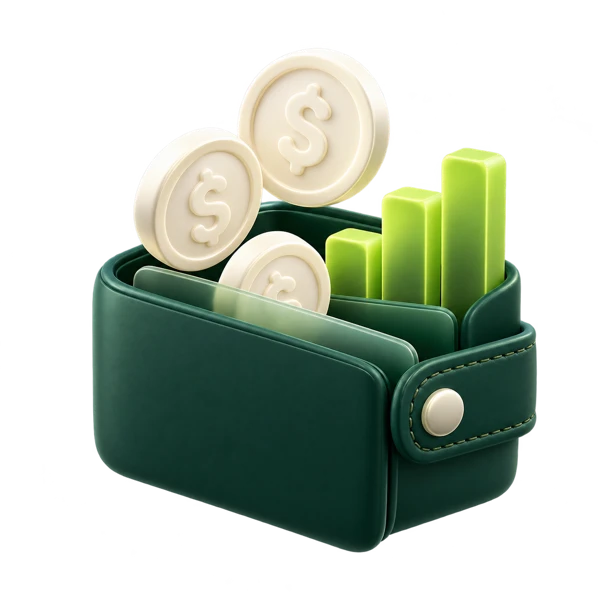Carteira e recursos financeiros em 3D